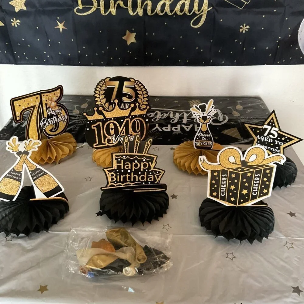 75TH HAPPY BIRTHDAY BACK DROP, BANNER, 8 TABLE DÉCOR 11 BALLOONS